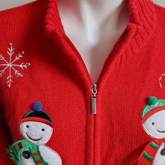 Classic Elements Red Sweater Full Zip Snowman 3D Holiday Ribbed Trim Size Large - Picture 12 of 12
